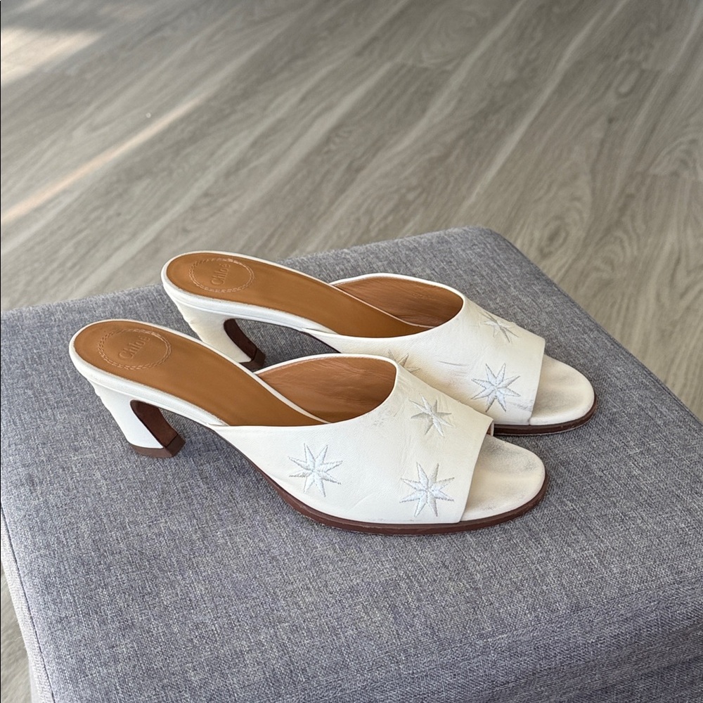 Chloe White Leather Mules with Star Detail